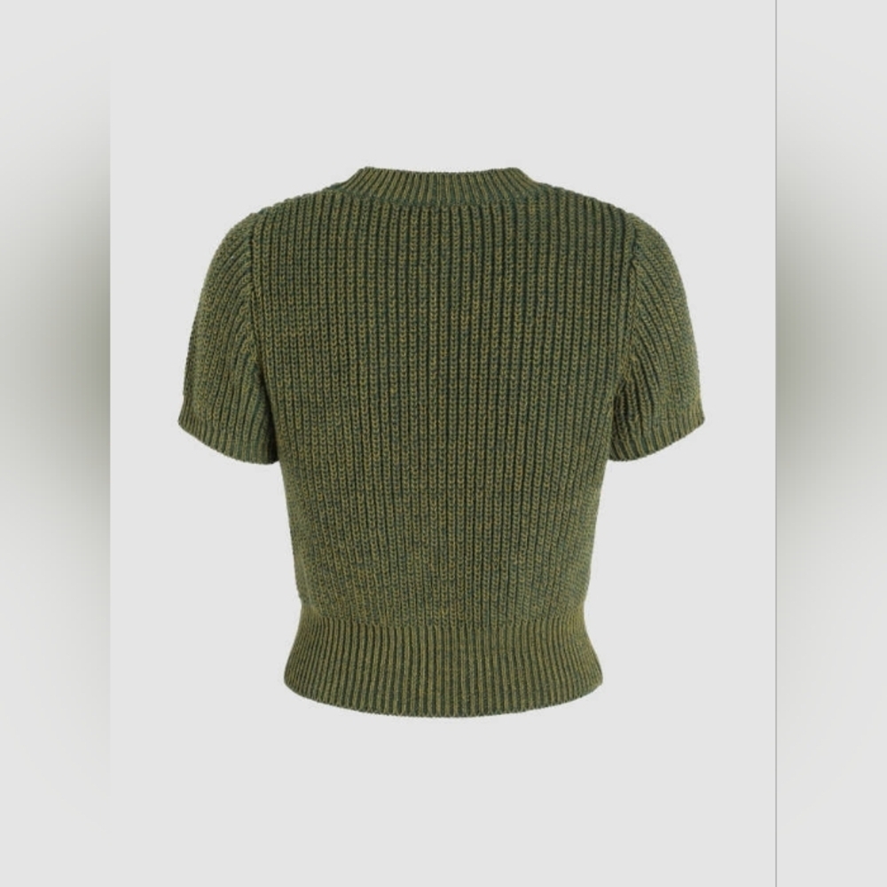 Round neck chain destroyed knit shorts sleeve crop top - Cider - Picture 6 of 7